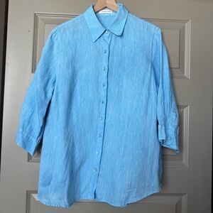 Coldwater Creek 100% Linen Button Down Shirt Top Beachy Boho Lagenlook, Blue XL